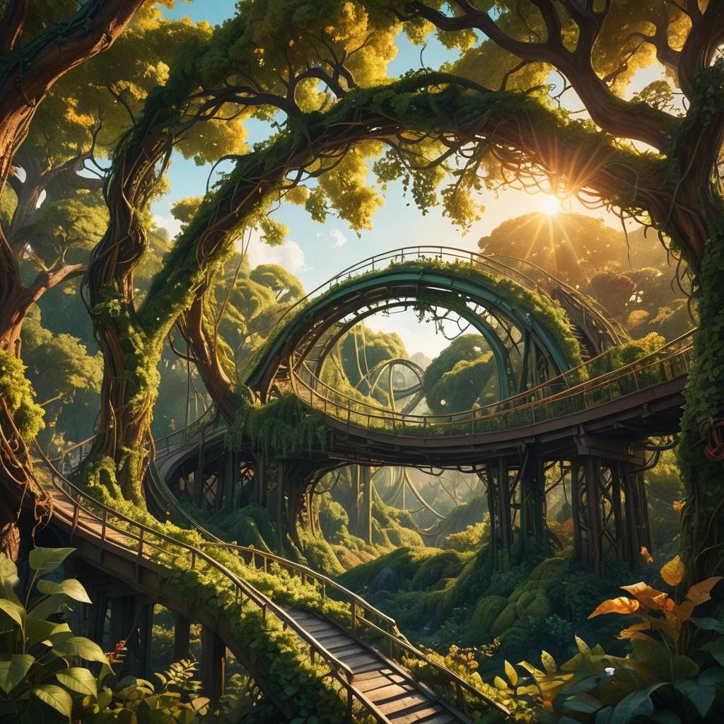 Lush Roller Coaster Concept Art in Golden Light