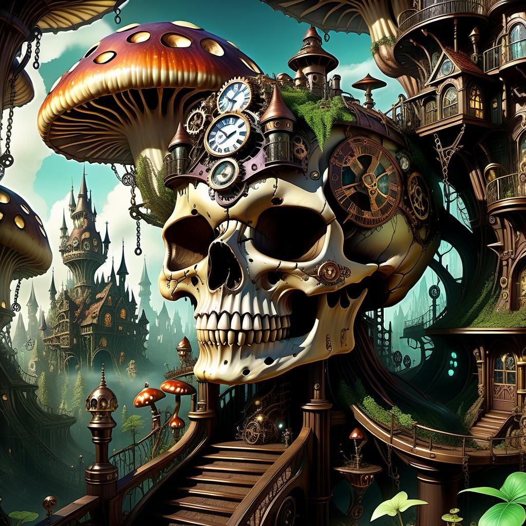 Steampunk Fairytale City Inside a Giant Skull