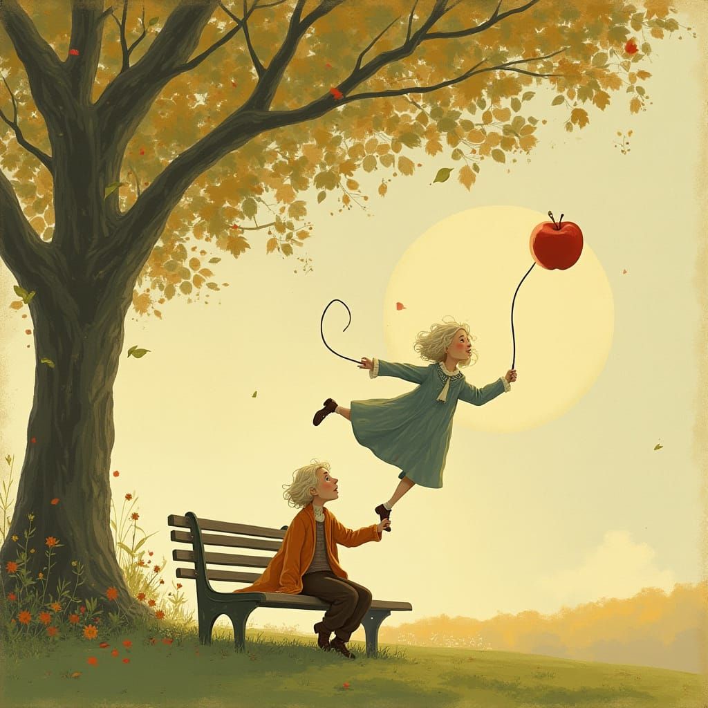 Whimsical Retrofuturistic Scene: Newton Tethers Apple to Gro...