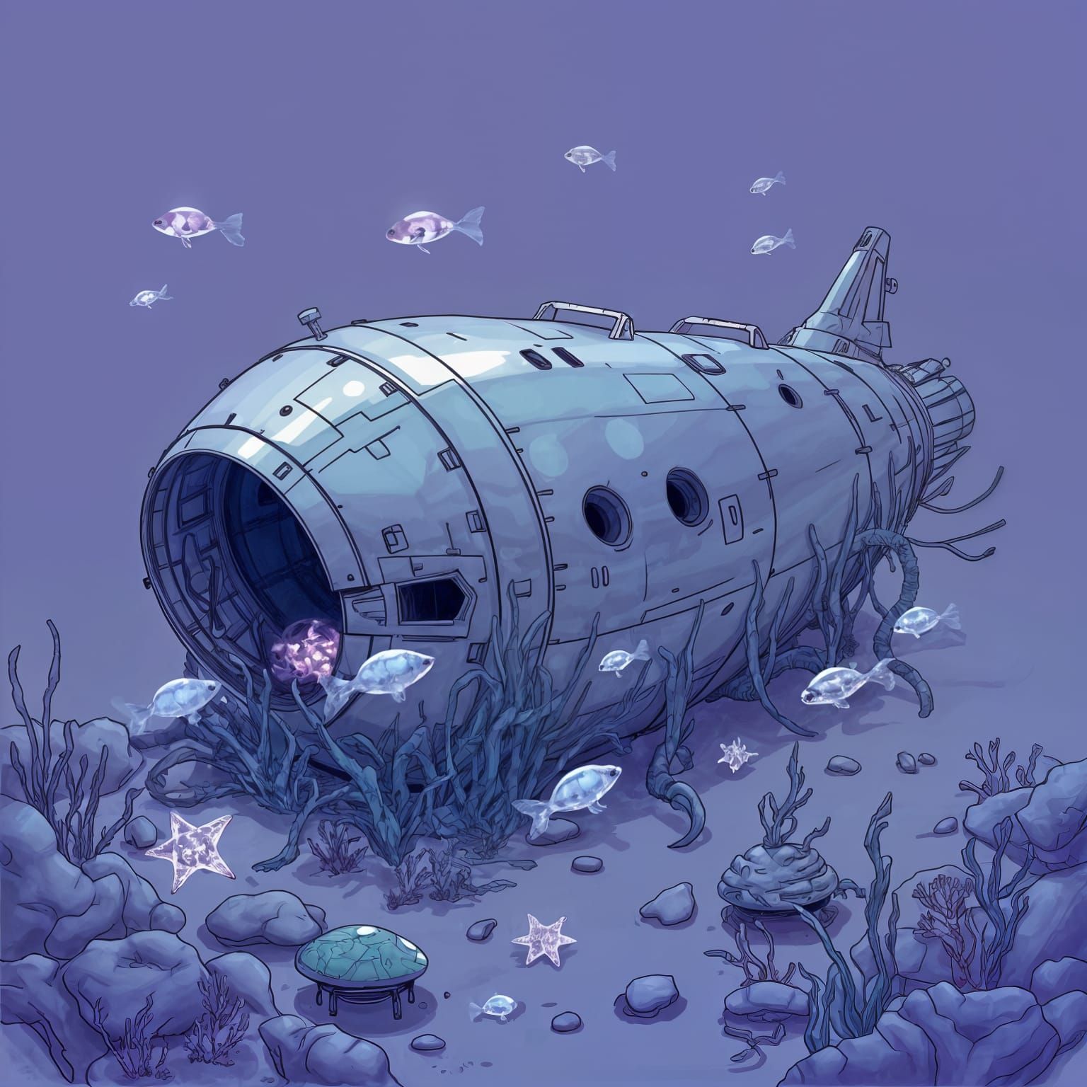 Crashed Spaceship on Alien Ocean as Soft Sketch