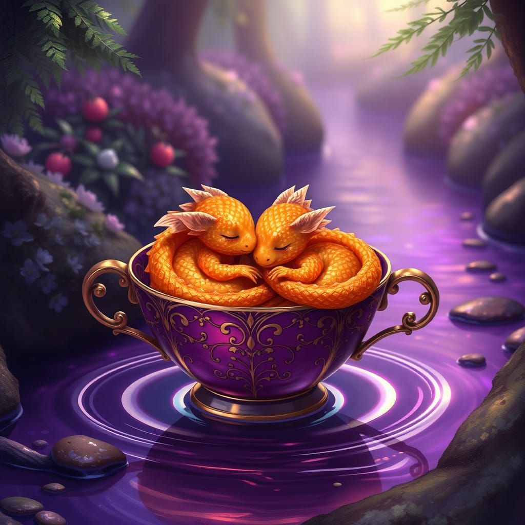 Orange Dragons Sleeping in Purple Teacup