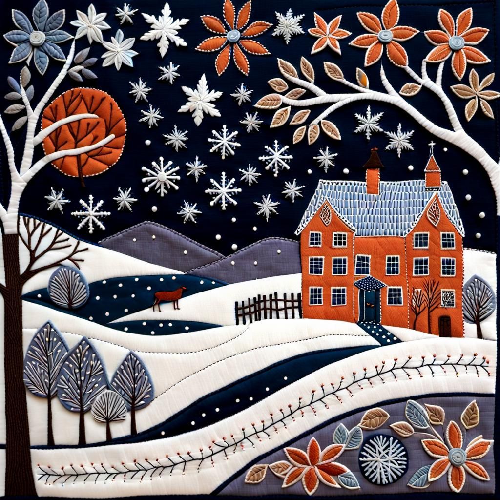 Whimsical Snowy Nighttime Nature Scene in Folk Art Style