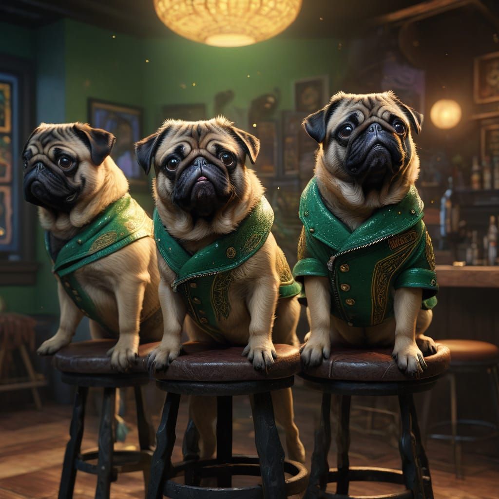 Surreal Biker Bar Scene with Three Black Pugs Enjoying Green...