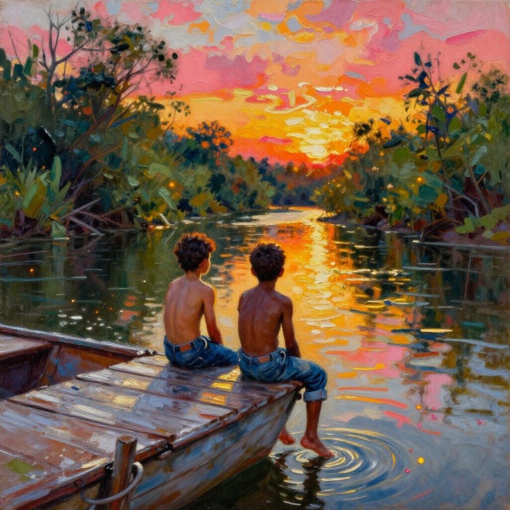 Brothers Watch Sunset Over River Cove in Gouache Style Paint...