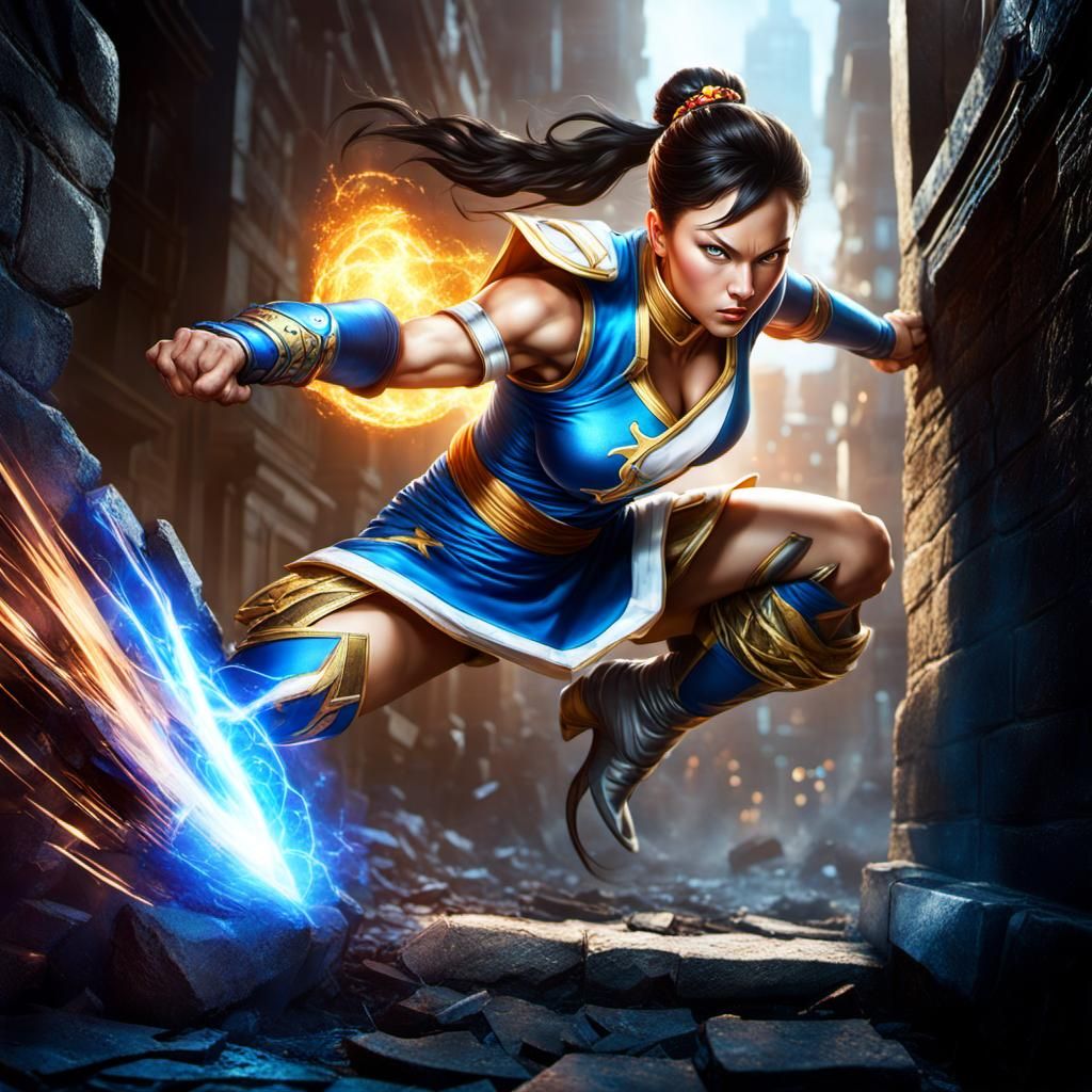 Chun-Li kicking a hole in a wall