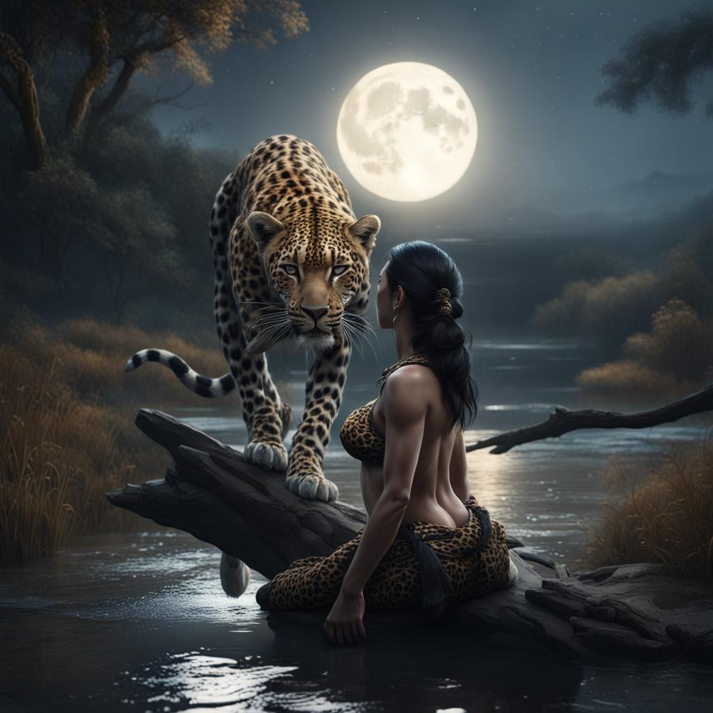 Leopard Woman Hunting at Moonlight: Detailed Matte Painting
