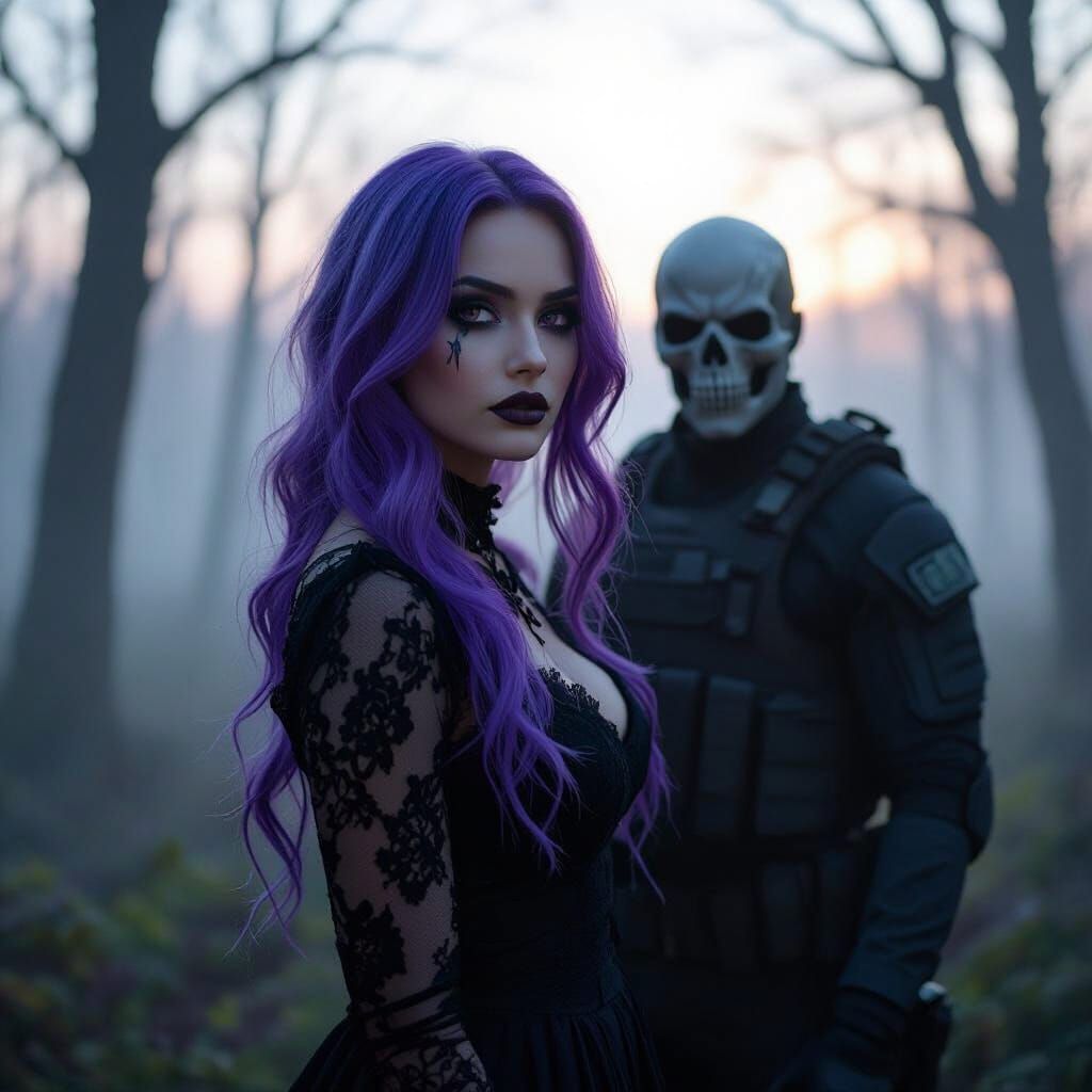 Gothic Woman and Protector in Misty Twilight Forest