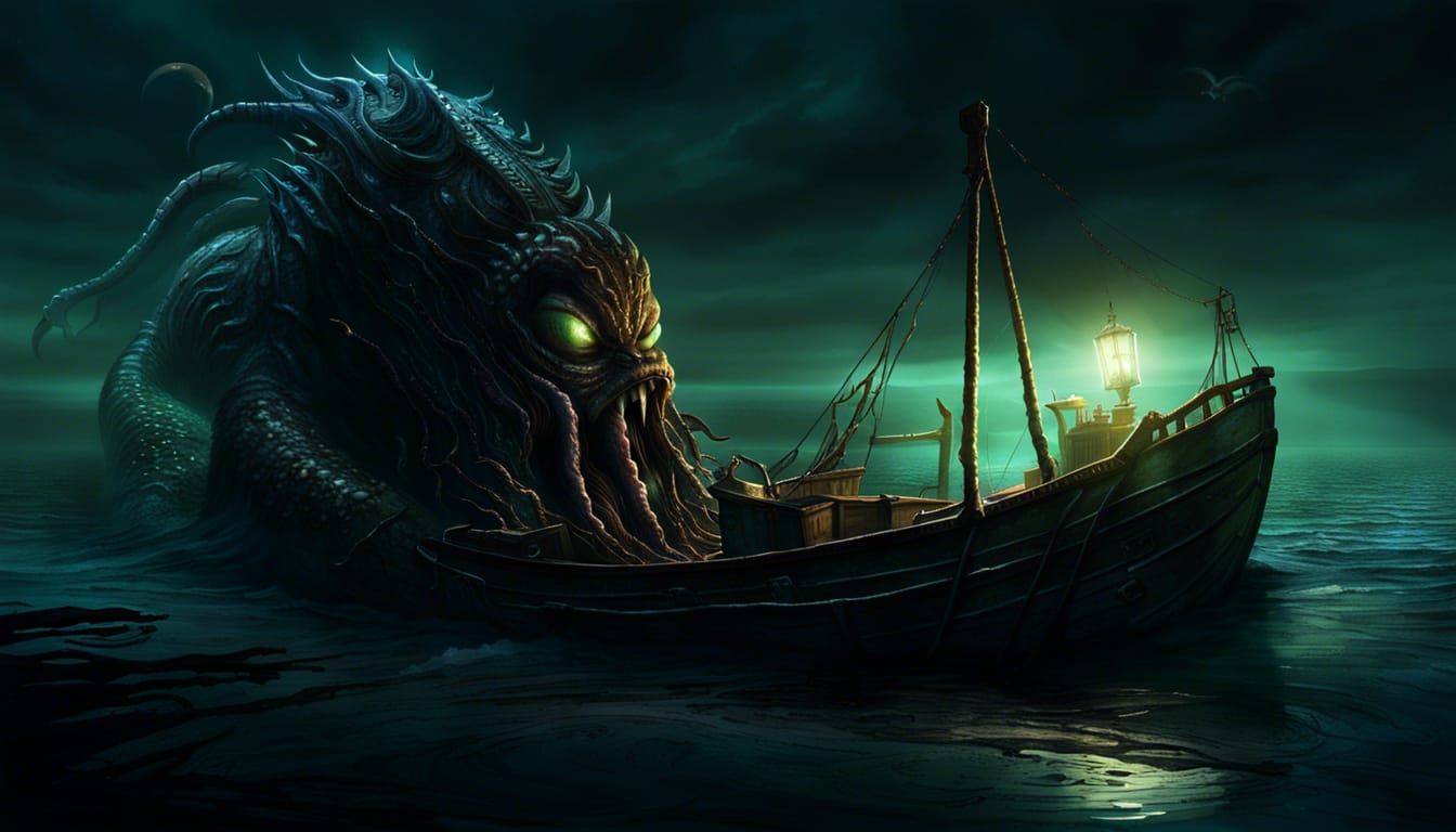 Menacing Sea Monster Alien Gazing at Fishing Boat