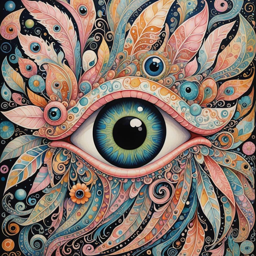 Surreal Paisley Monster with Puppy Eyes in Dreamy Landscape