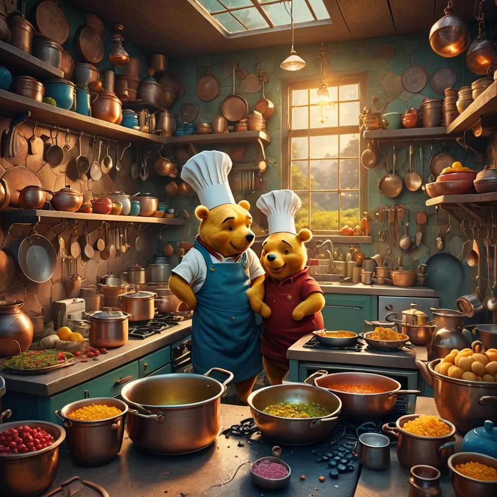 Pooh and Piglet Cooking in Whimsical Kitchen