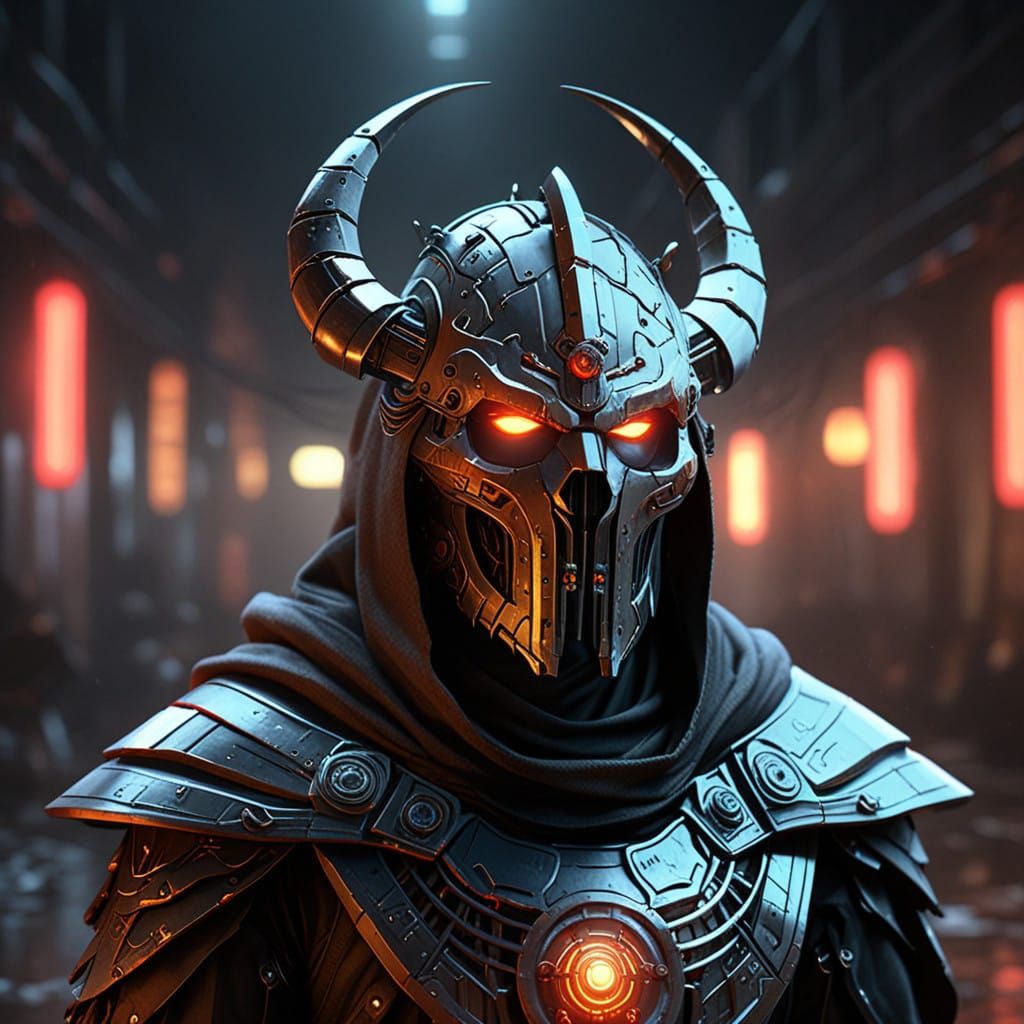 Ethereal Android Necromancer in Dark, Ornate Raver Angel Mas...