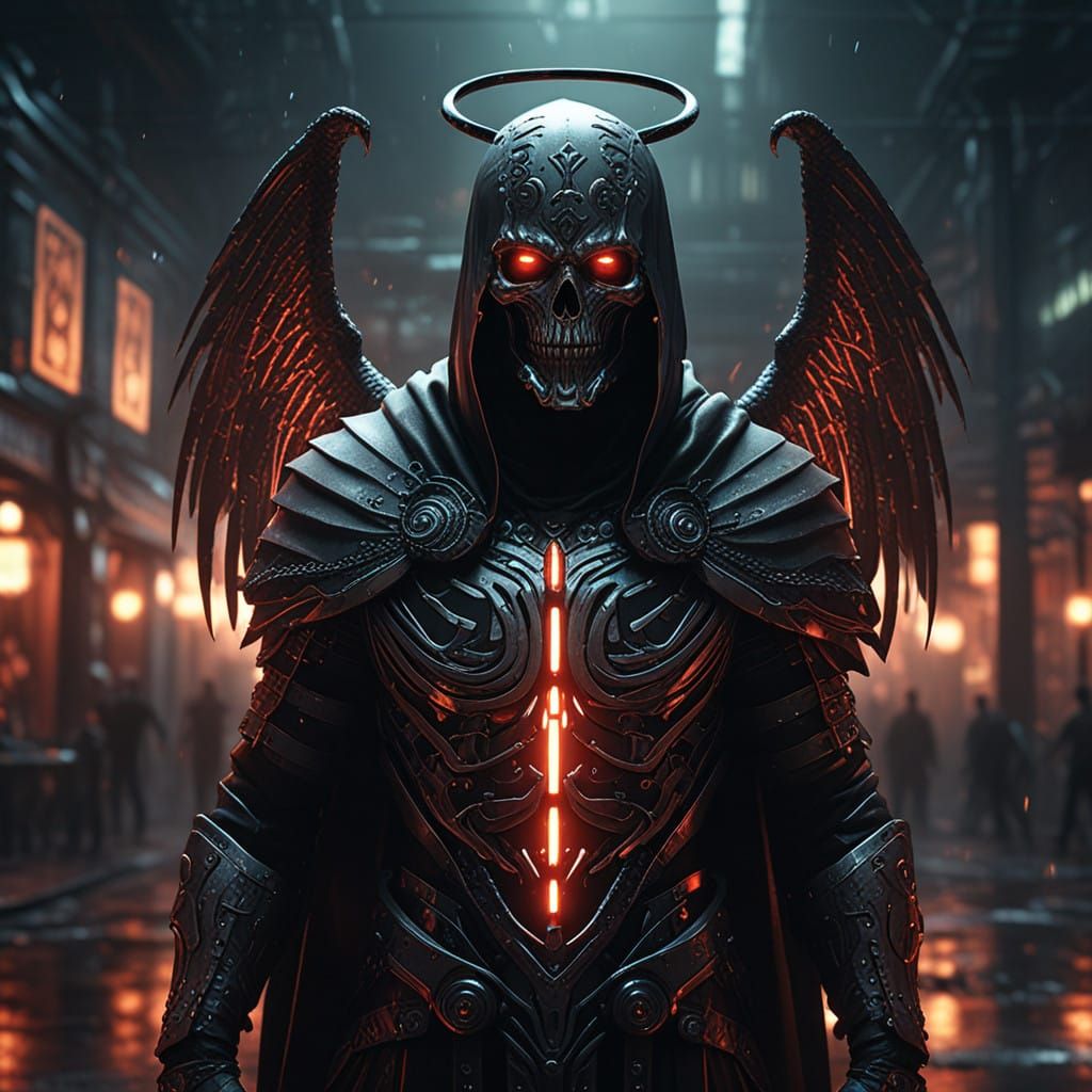 Ethereal Android Necromancer in Dark, Moody, Cyberpunk Lands...