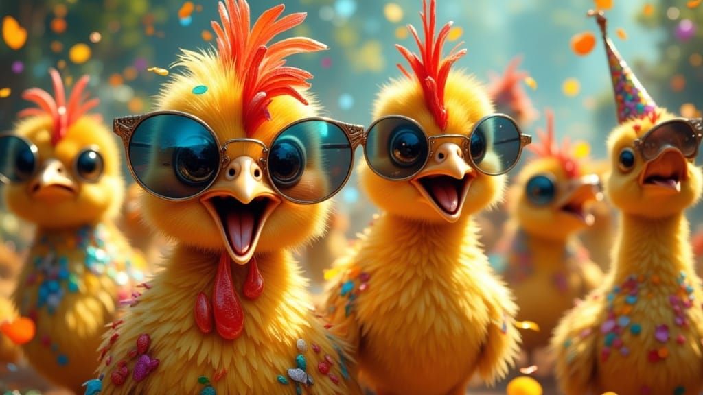 Chickens in Sunglasses Throw a Confetti Party