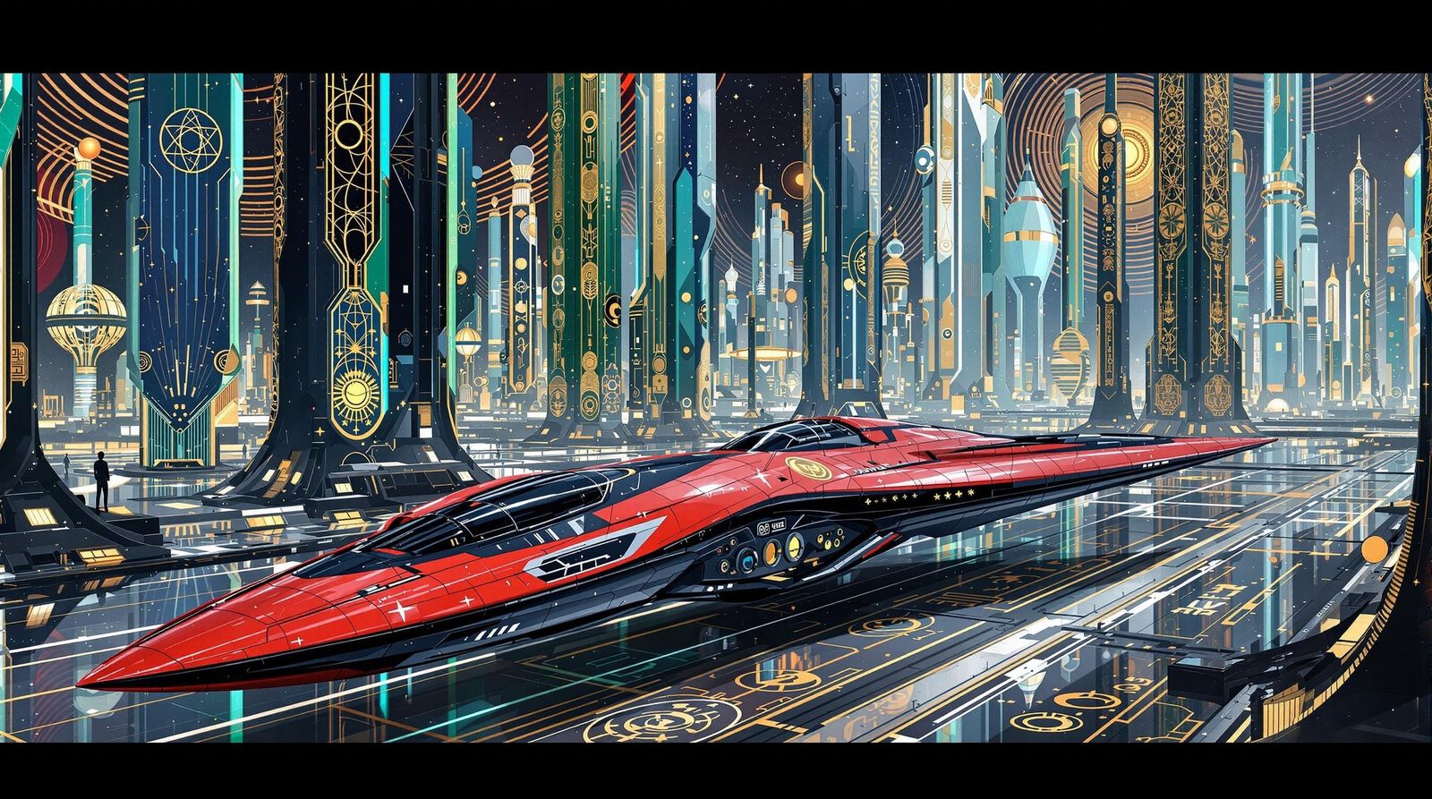 Sleek Hyper-Detailed Spaceship at Futuristic Spaceport in Sc...