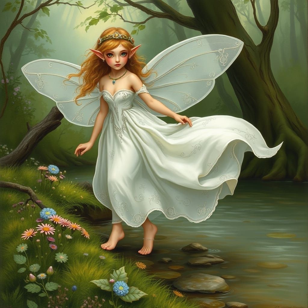 Wood Nymph in Floral Gown by Riverbank