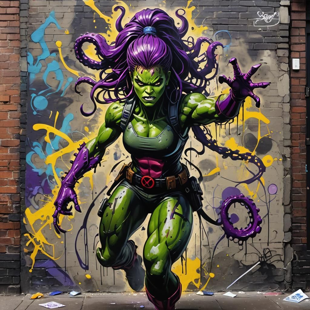 Graffiti Art: Female Hulk Mercenary in City Alleyway