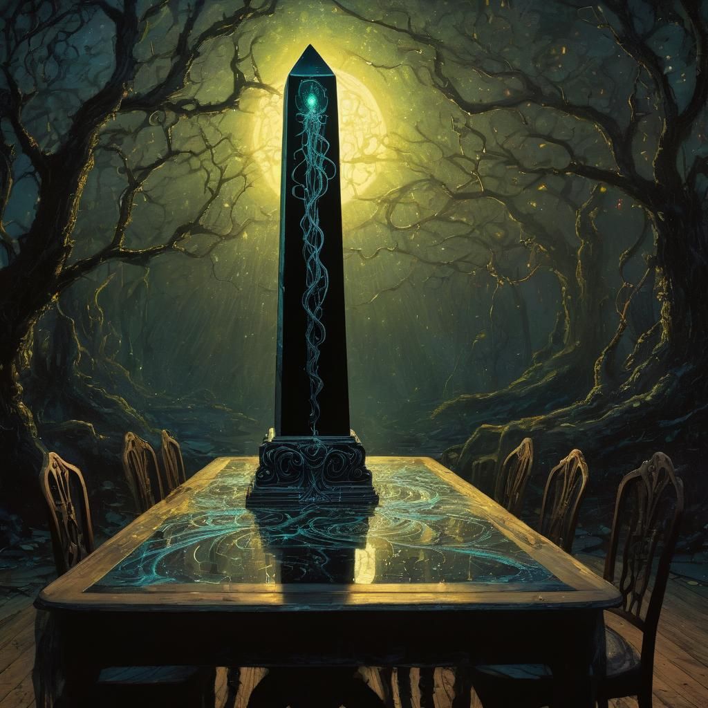 Radiating Obsidian Obelisk on Vintage Table