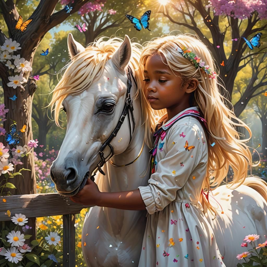 Children's Pony Friendship in a Sunny Garden