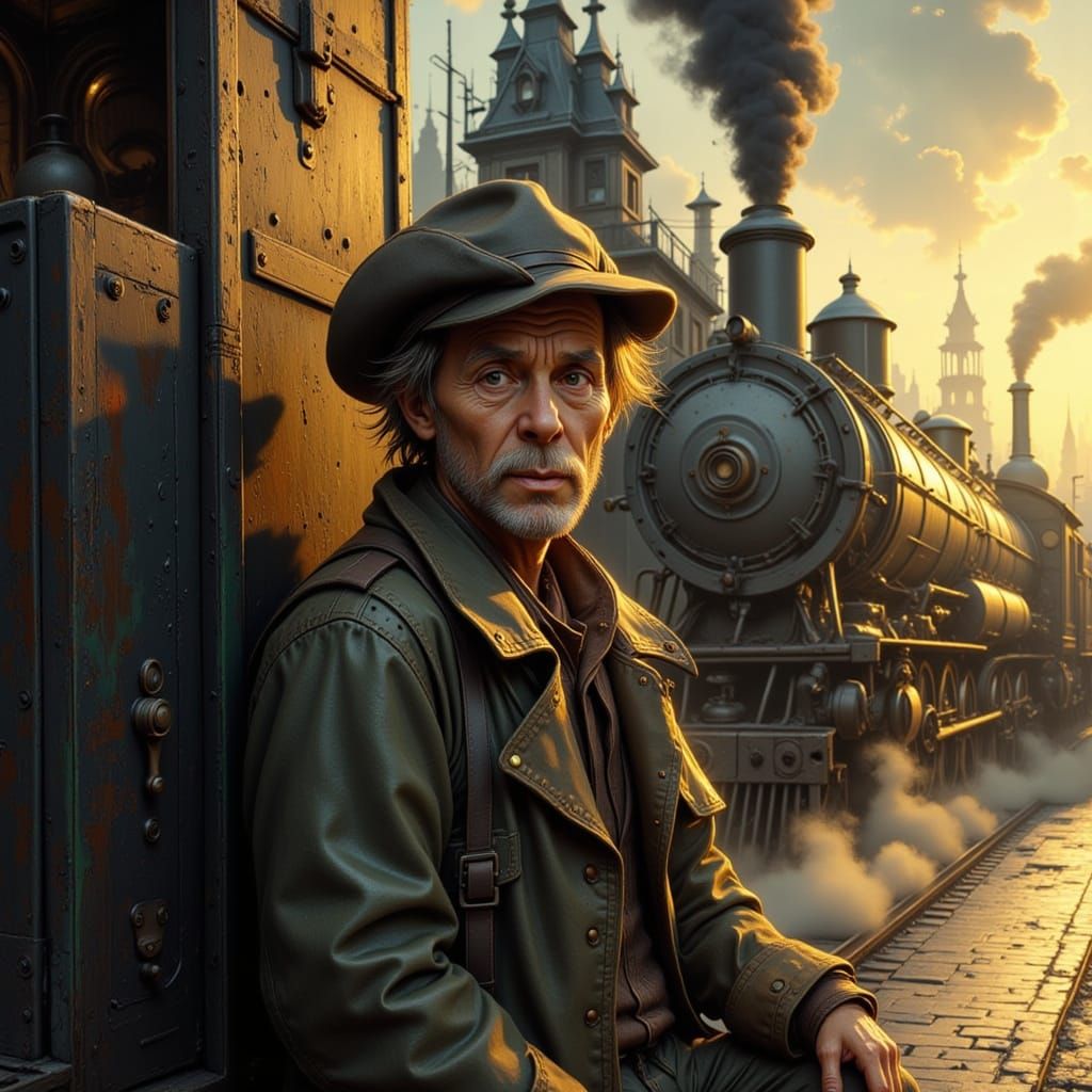 Hobo by Steam Train in Golden Hour Oil Painting