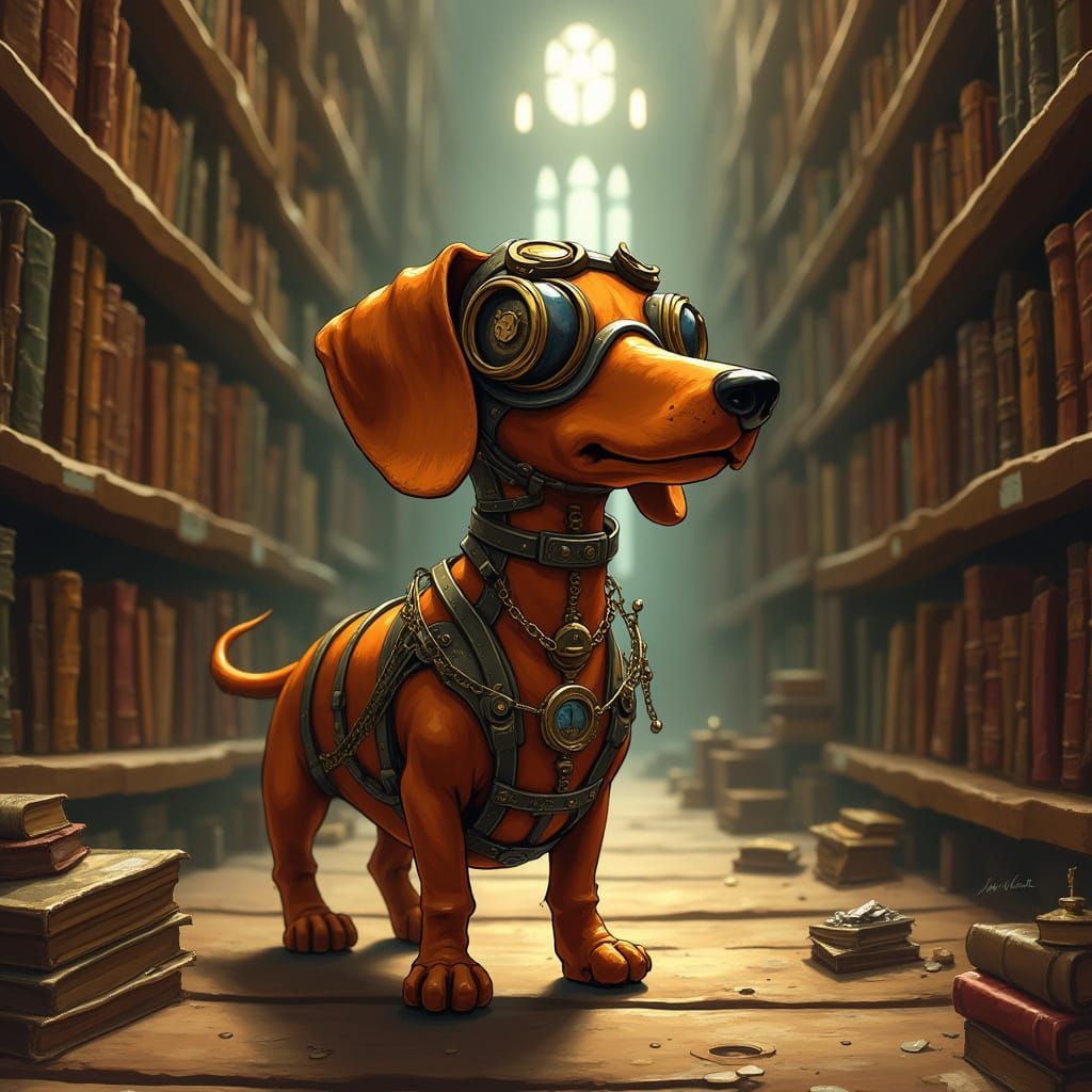 Steampunk Dachshund Explores Victorian Library