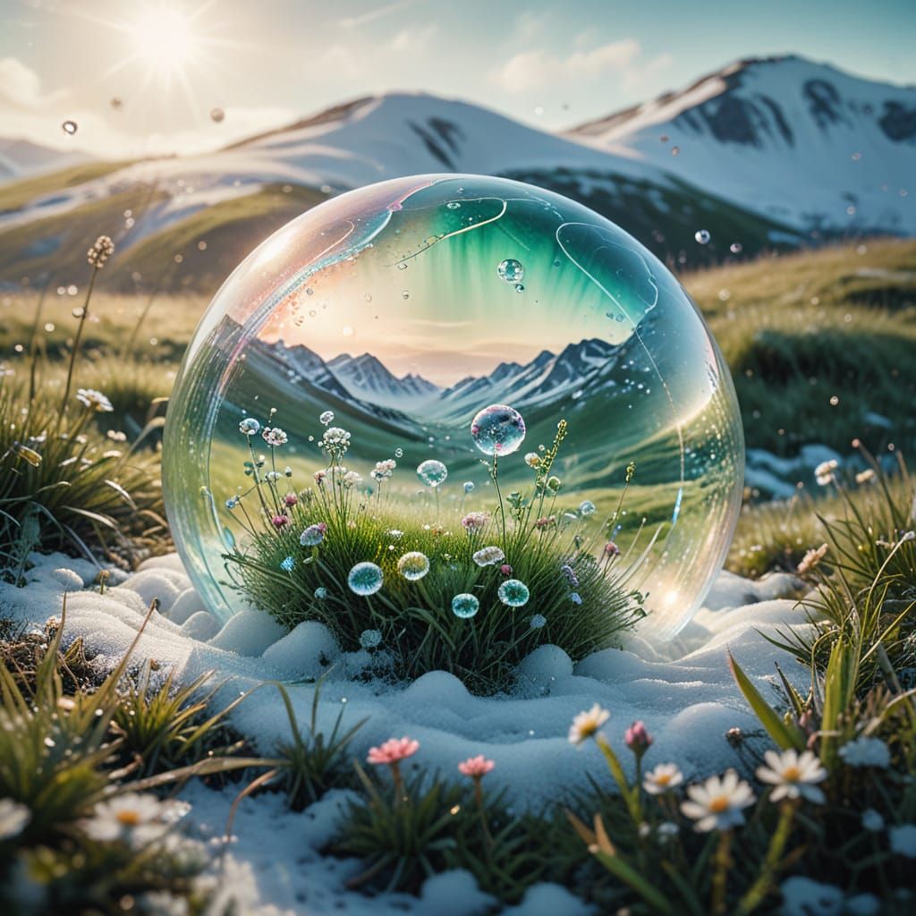 Paint painting. Medium shot. Soap bubble covered in frost on a snowy hill. Green grass and flowers in the middle of the ...