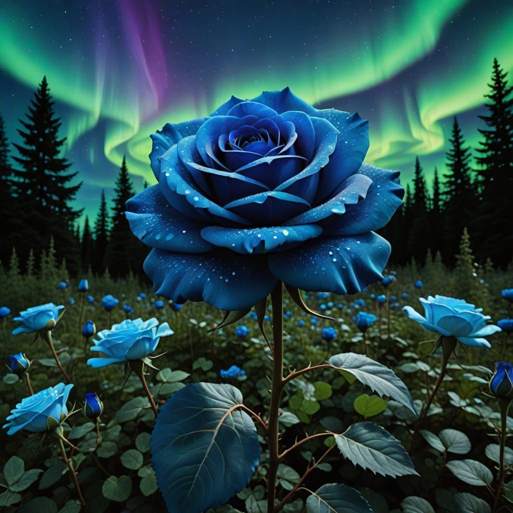 Giant Blue Rose Blooms Under Northern Lights