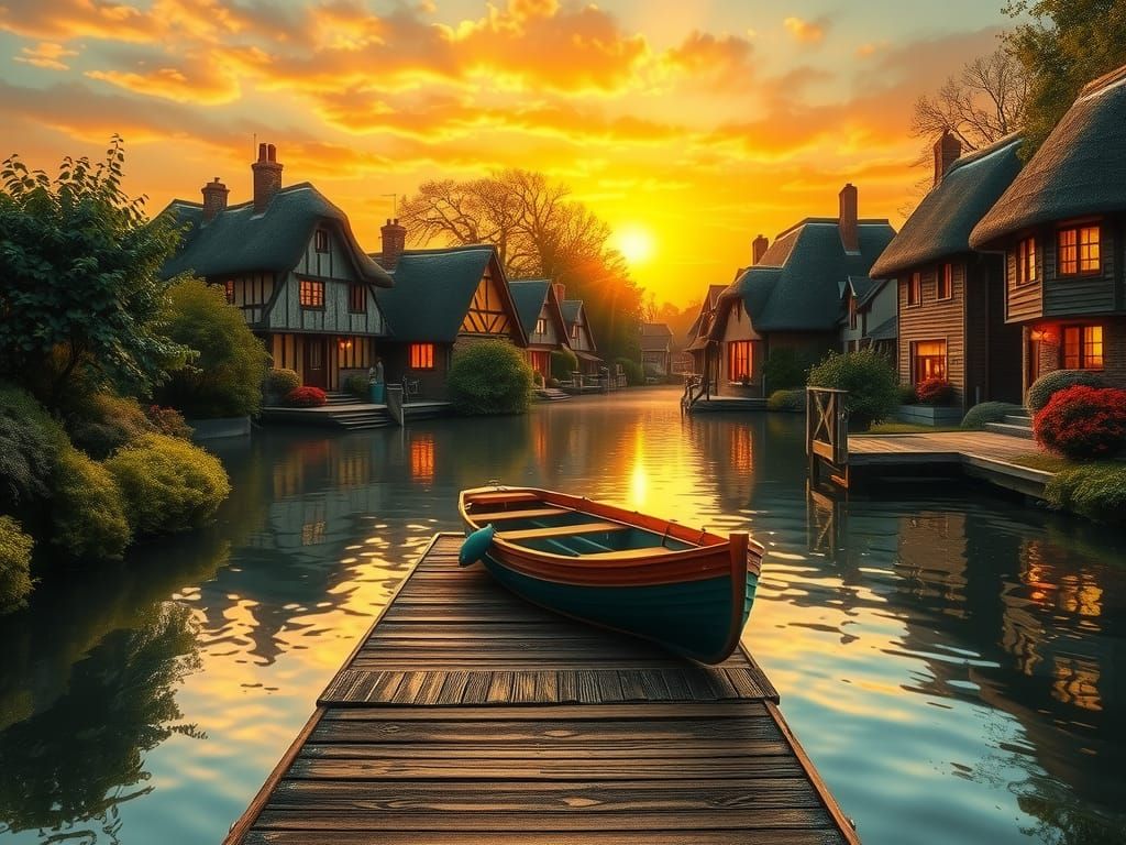 Sunset Village: Impressionistic Digital Painting with Golden...