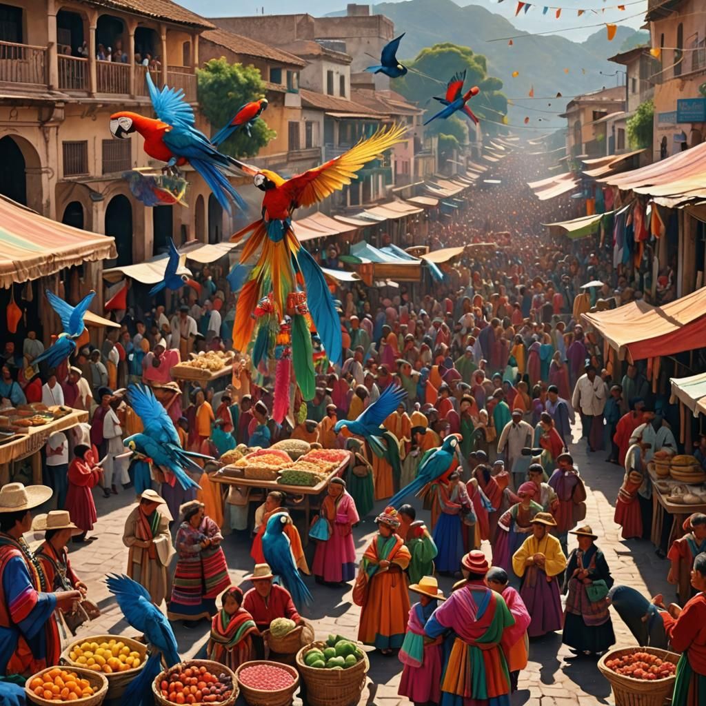 Mexican Market Scene in Folk Art Style