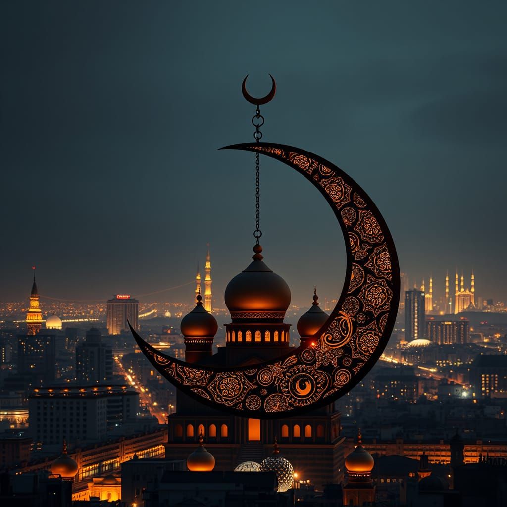 Eid Mubarak Moon in Dark Tone with Golden Lights - Islamic A...