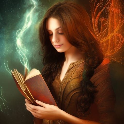 Girl Reads Glowing Magic Book: Fantasy Art