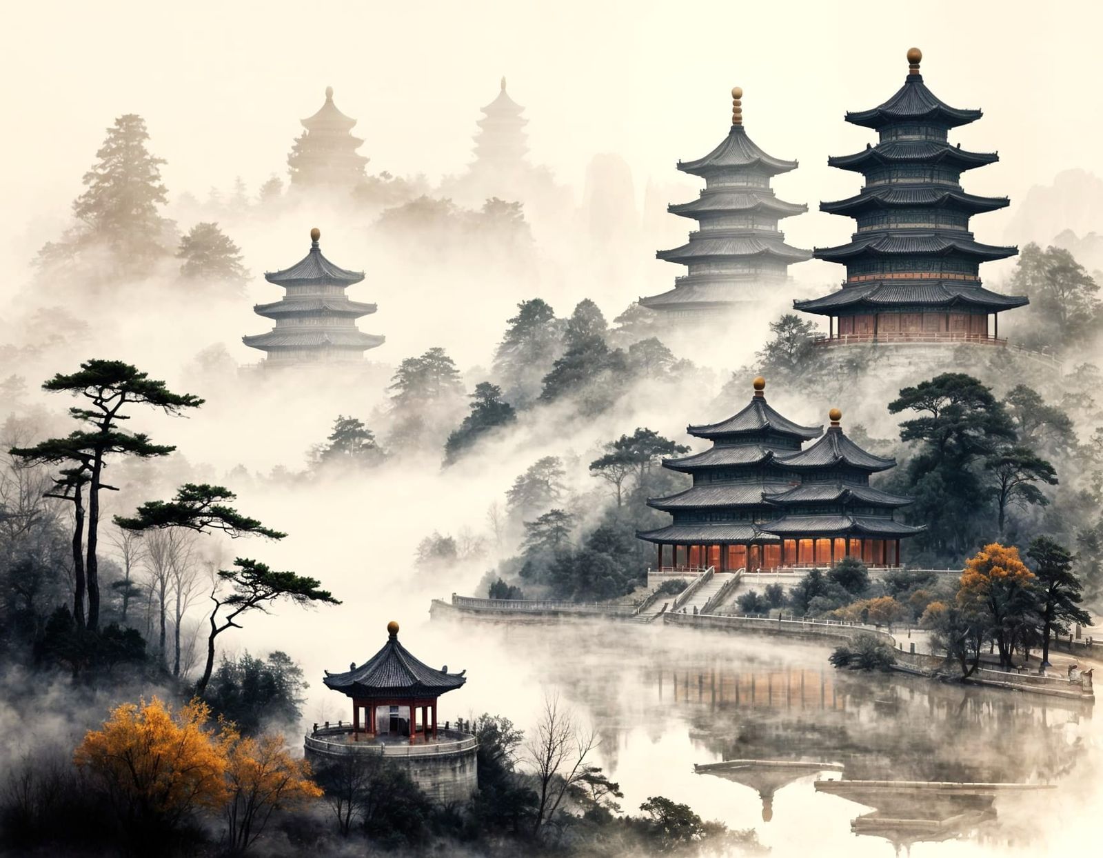 Temple of Heaven in Misty Chinese Ink Wash Style