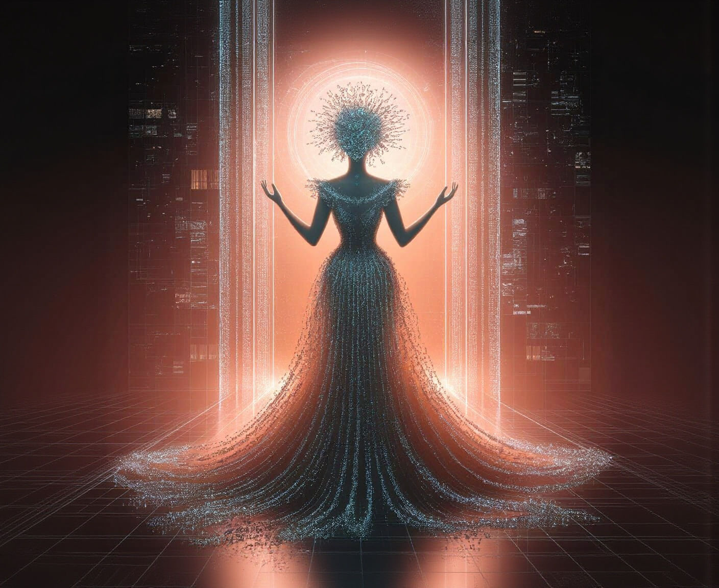 Digital Oracle Before Shimmering Portal, Fantasy Concept Art