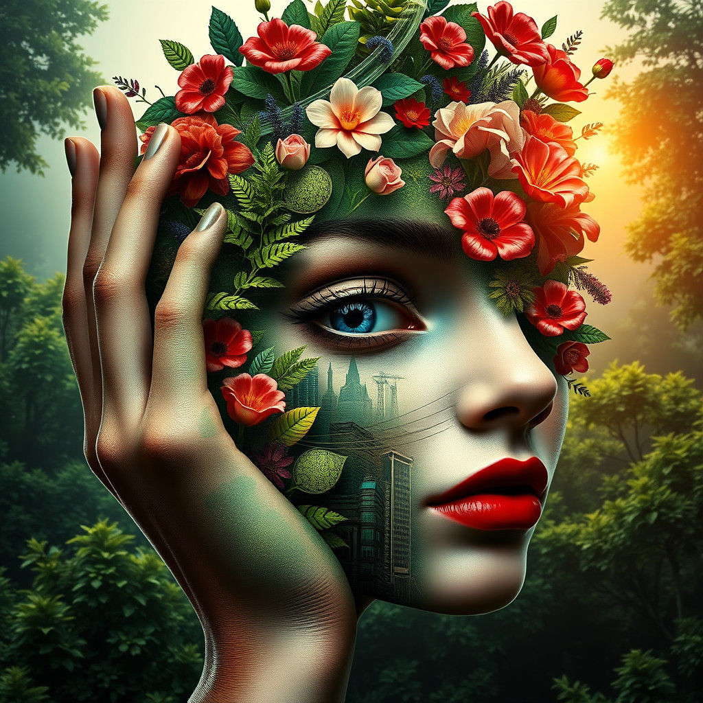 Surreal Face Merging Nature in Digital Art