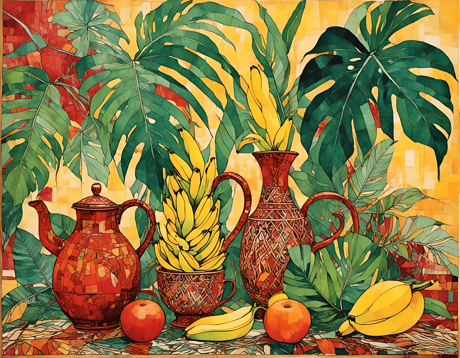 Indonesian Woodcut Print of Tropical Fruits