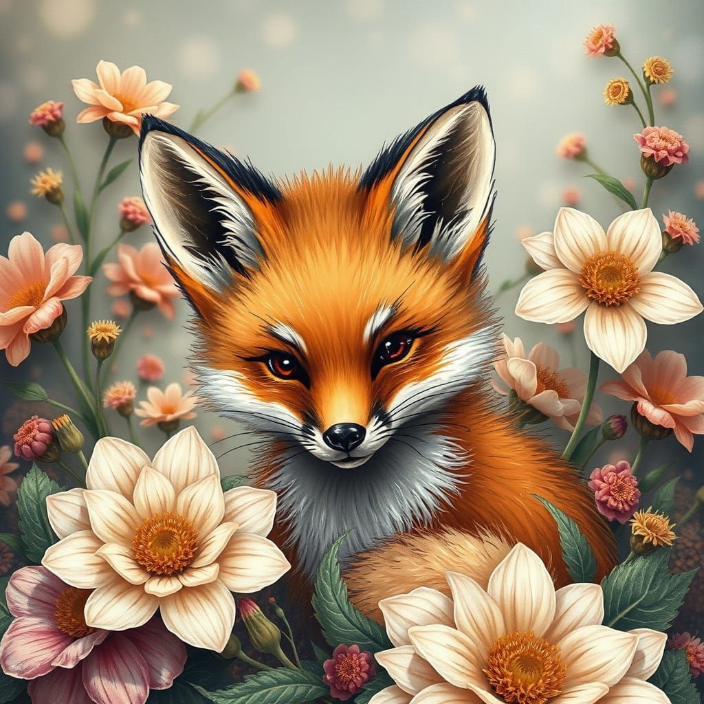Vibrant Fox Flourishes Amidst Whimsical Blooms