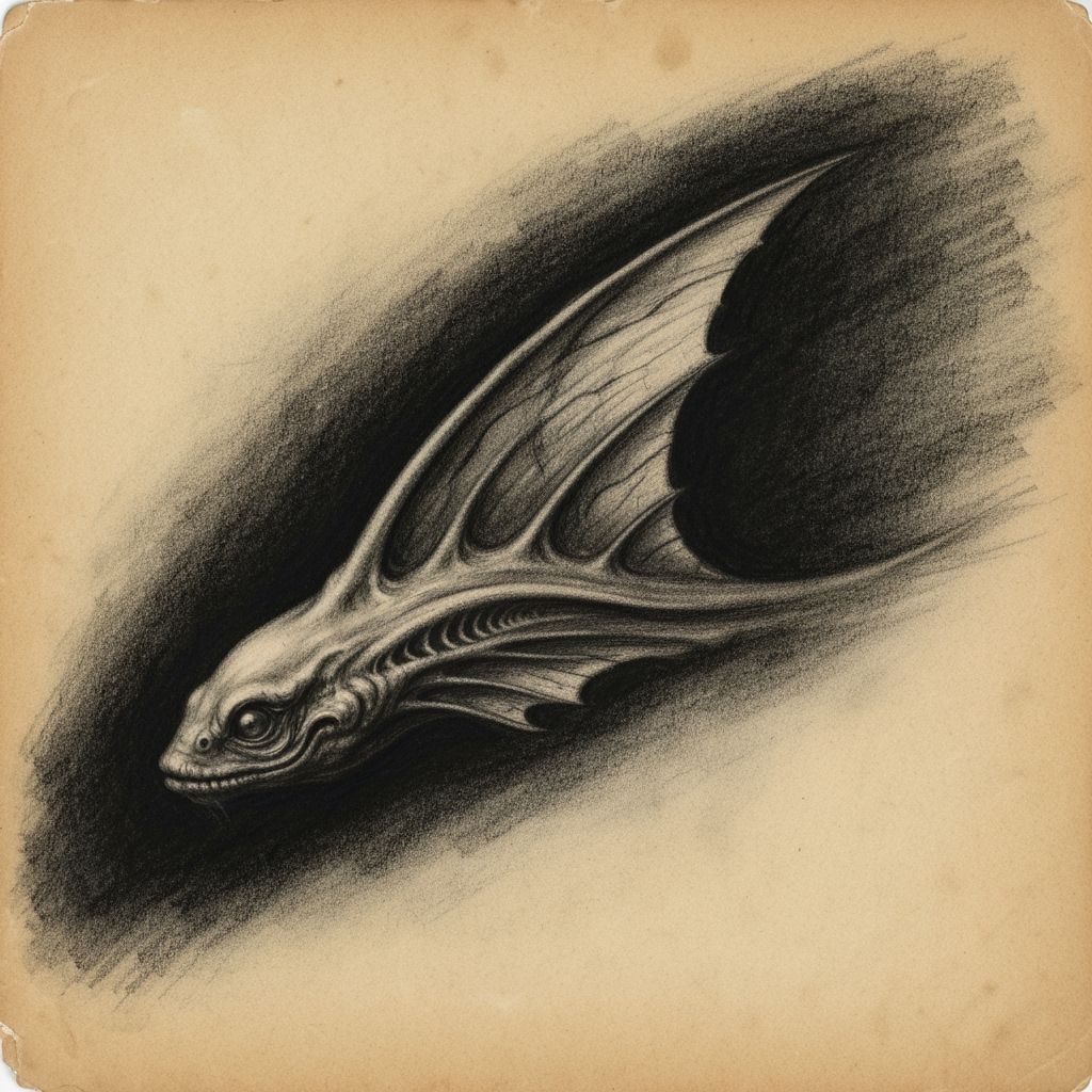 Hunt Fin Spirit in Shadow, Charcoal Drawing on Old Paper
