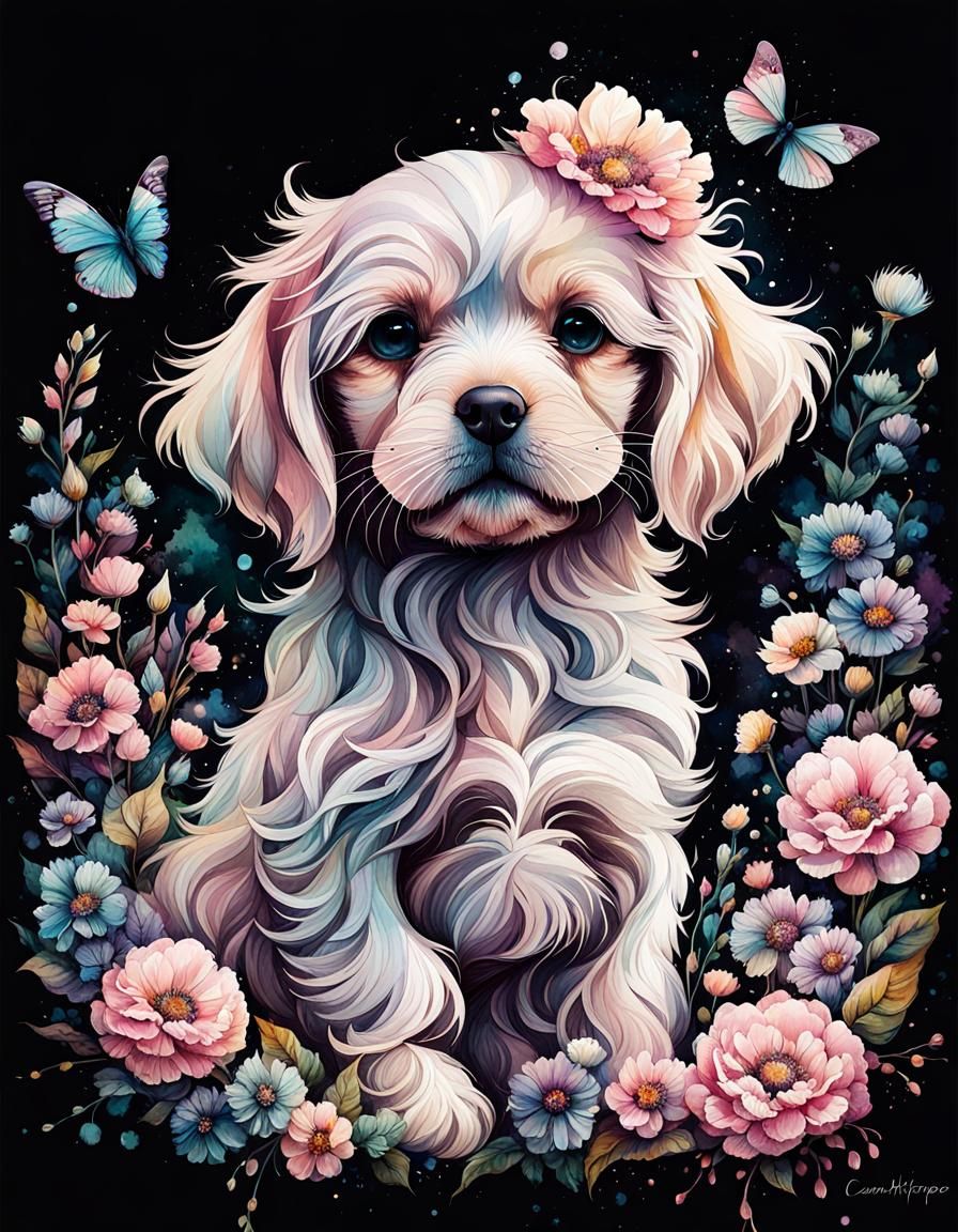 Pastel Chibi Puppy Watercolor Fantasy Artwork
