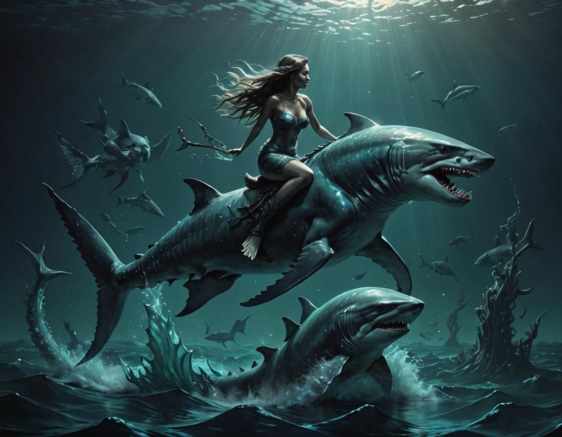 Mermaid Rides a Shark in Bioluminescent Ocean
