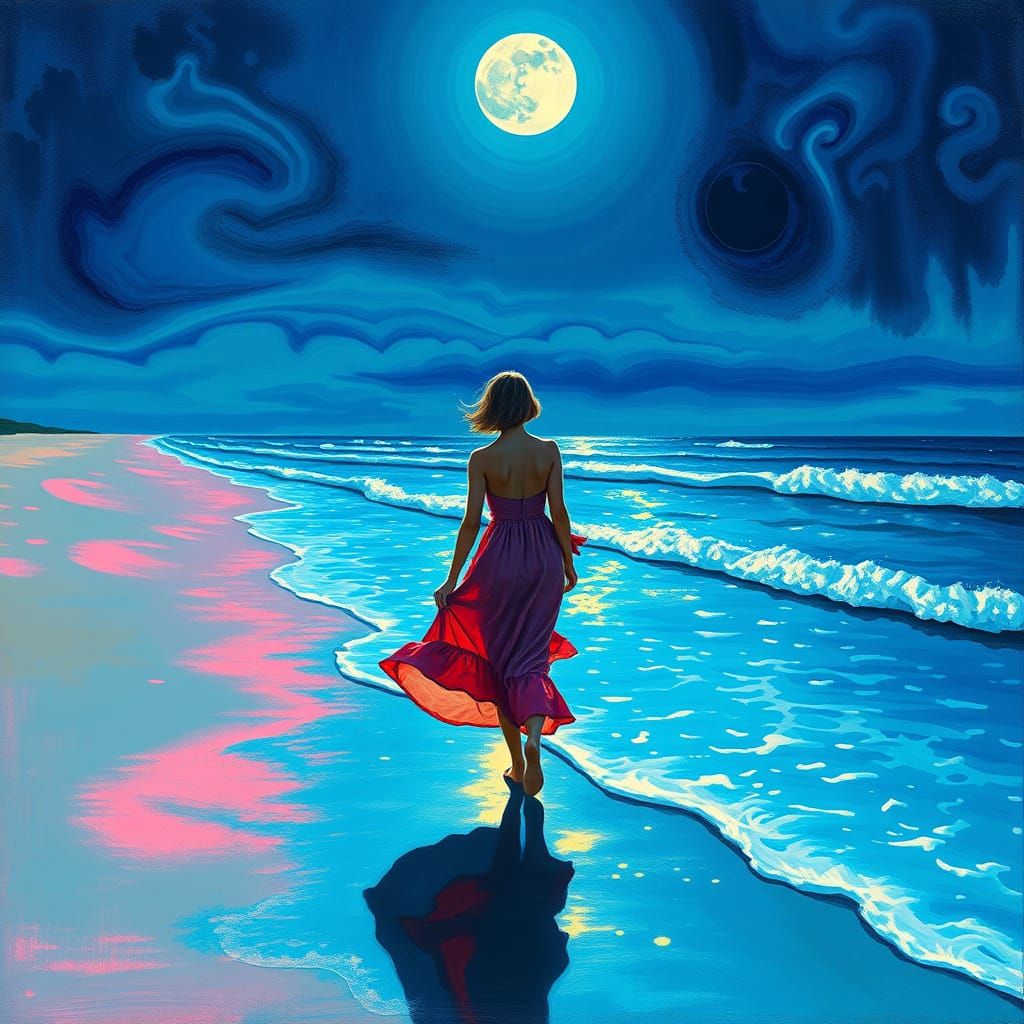 Moonlit Beach Serenity in Impressionist Style
