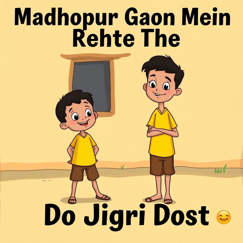 Two Cartoon Boys in Madhupur Village, 2D Style