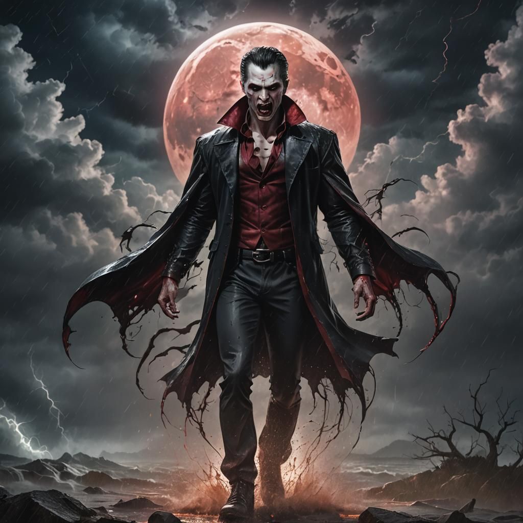 Vampire walking throught a storm,  full blood moon