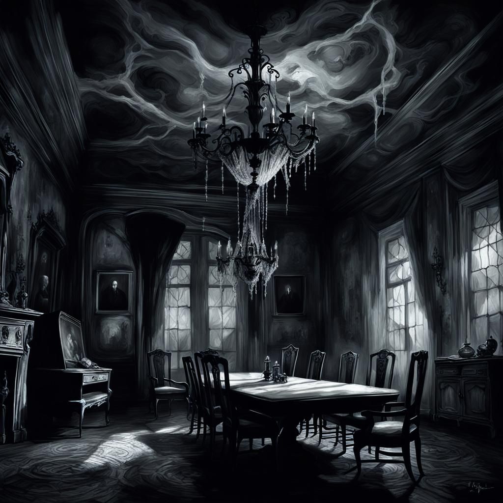 Ghostly Apparitions in Abandoned Mansion: Dark Fantasy Art