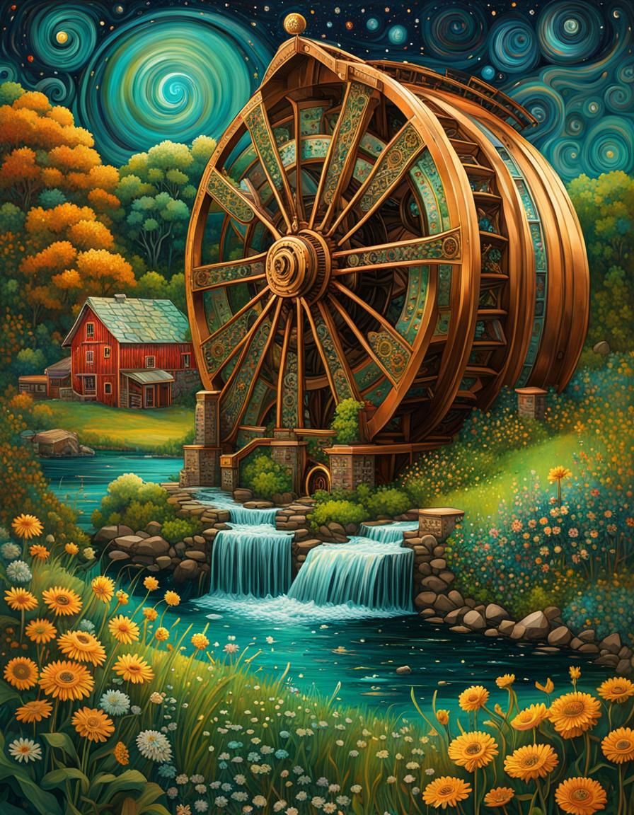 Steampunk Watermill in Whimsical Fantasy Landscape
