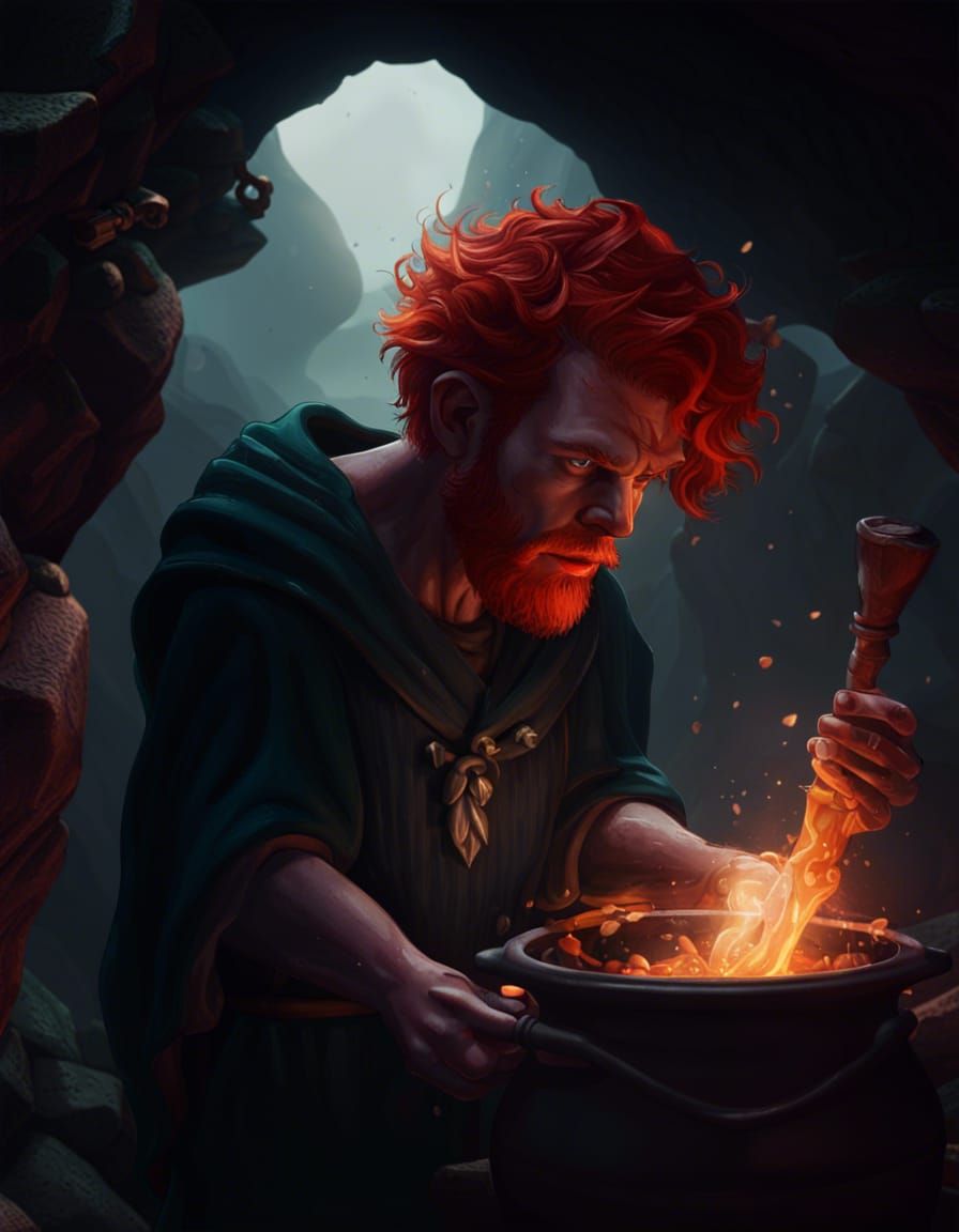Red-Haired Wizard Brewing Potion in Cave: Hyperrealism