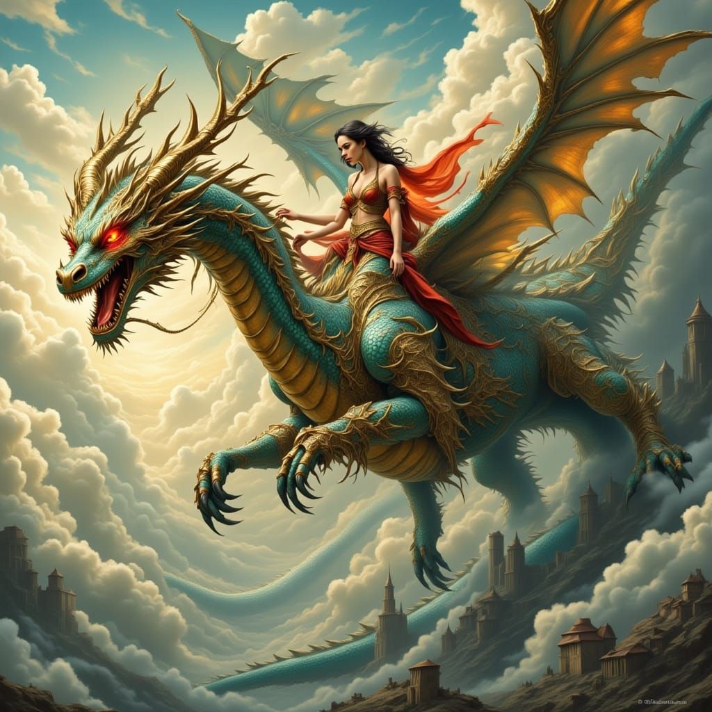 Woman Rides Majestic Dragon Amidst Mystical Clouds
