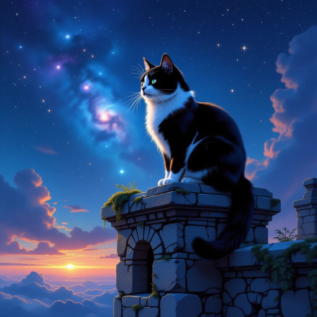 Tuxedo Cat in Ancient Observatory Under Nebula Sky