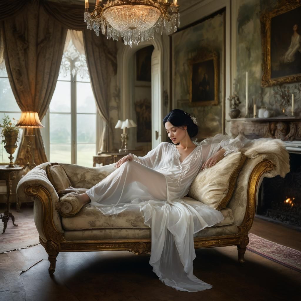 Elegant Woman in Opulent Bedroom: Romantic Portrait
