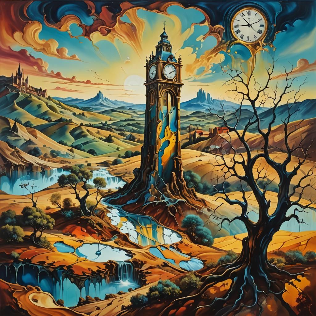 Surreal Melting Clock Tower in Dream Landscape