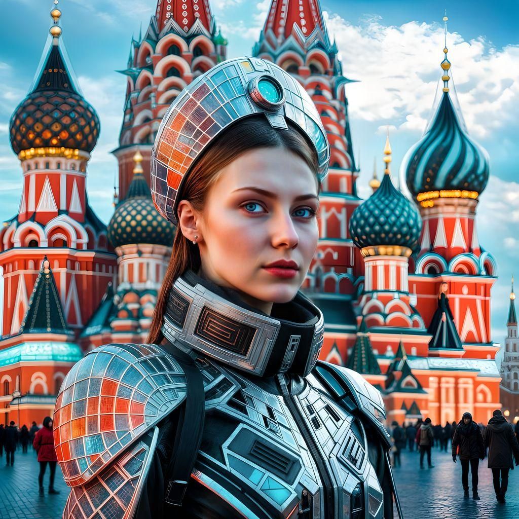 Futuristic Red Square in Moscow with Slavic Lady