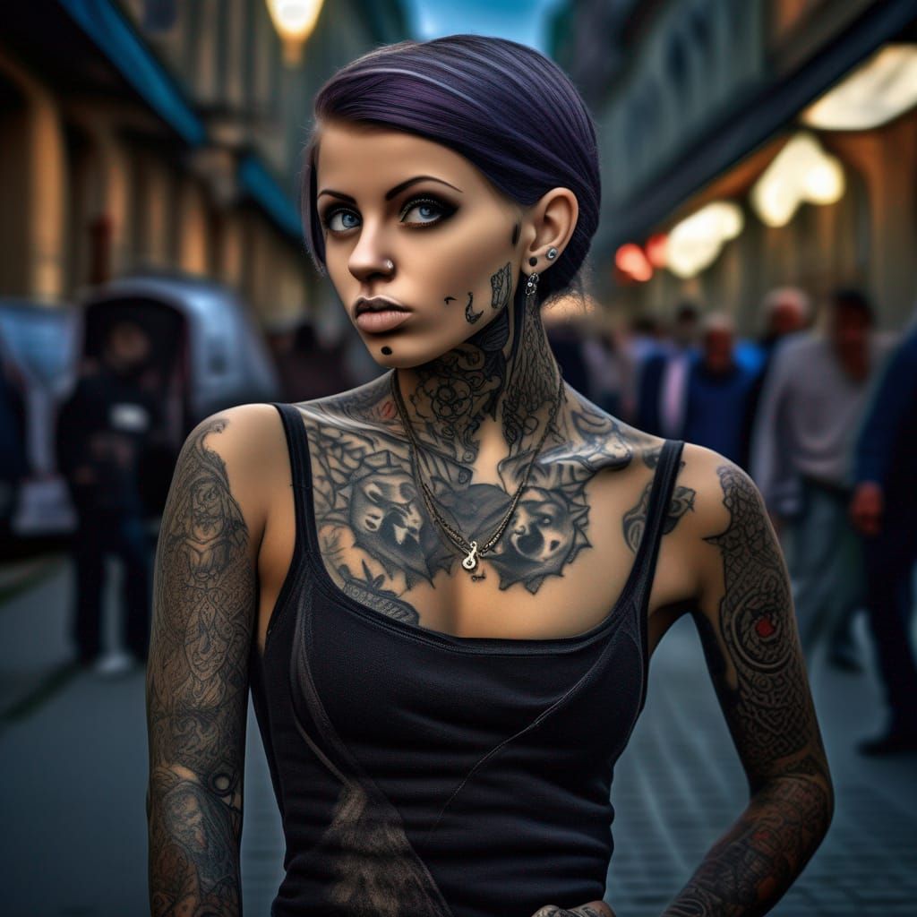 HDR RAW photo of a beautiful Gothic girl with tattoos, Russian, posing on a busy street, fashion photography, masterpiec...